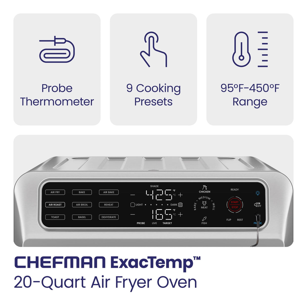 Chefman 12-in-1 Air Fryer Oven Combo w/ Probe Thermometer, 20 Qt Capacity - Stainless Steel