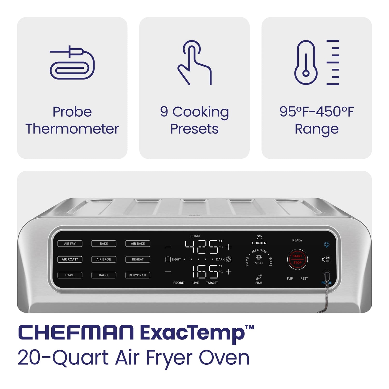 Chefman 12-in-1 Air Fryer Oven Combo w/ Probe Thermometer, 20 Qt Capacity - Stainless Steel