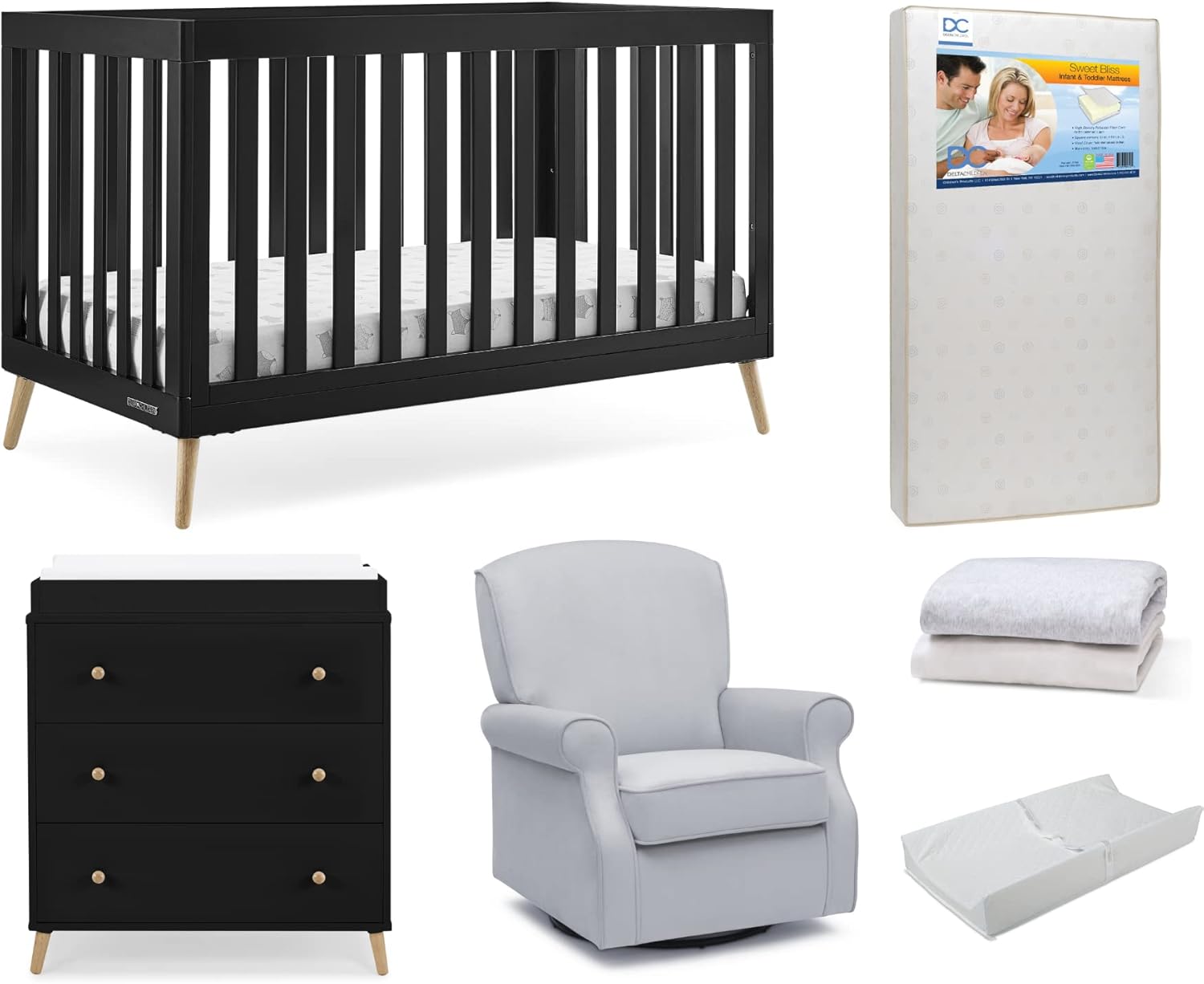 Delta Children Essex 4-in-1 Convertible Baby Crib, Ebony with Natural Legs
