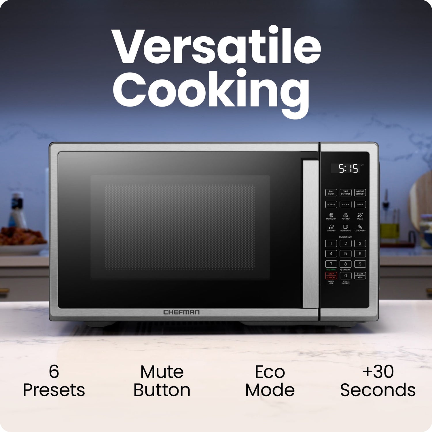 Chefman 0.9 Cu ft Countertop Microwave Oven, 900 Watts - Stainless Steel