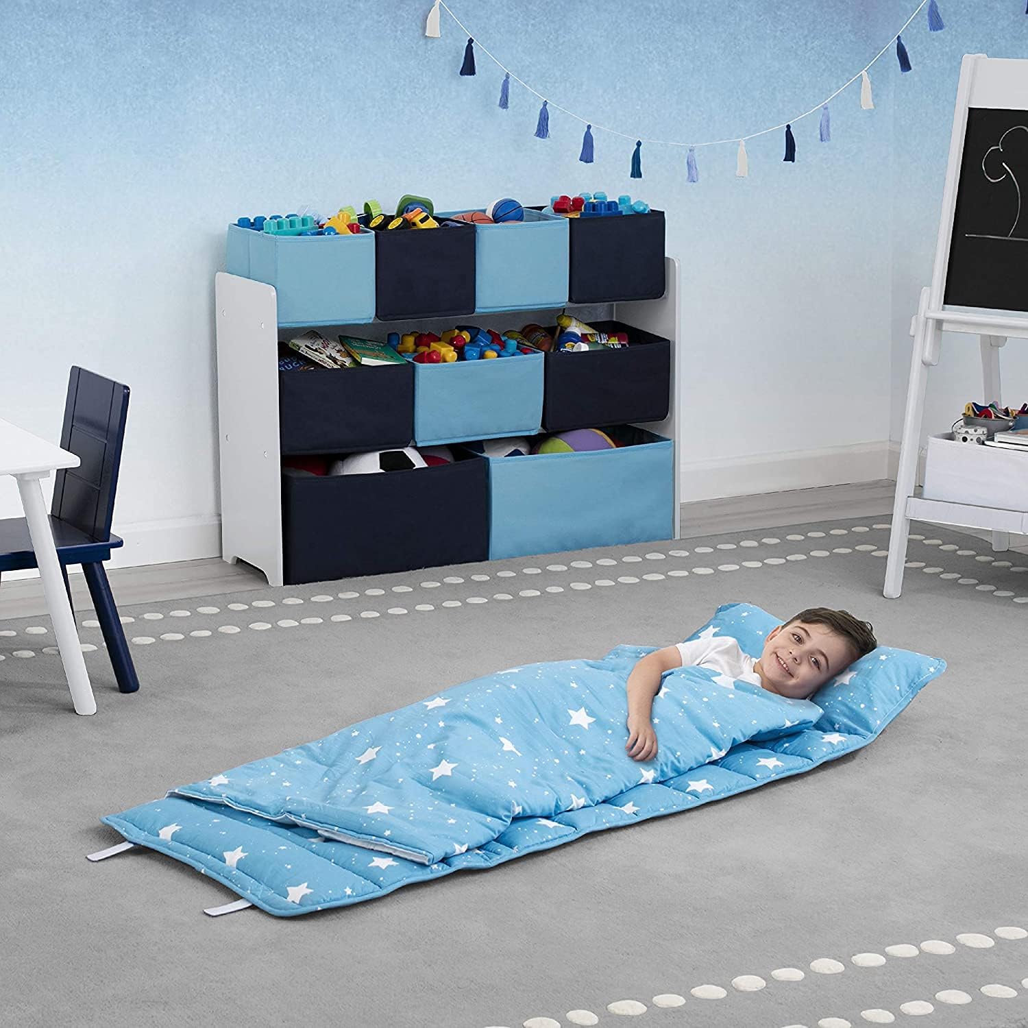 Delta Children Nap Mat with Included Pillow and Blanket for Toddlers and Kids, Blue Stars