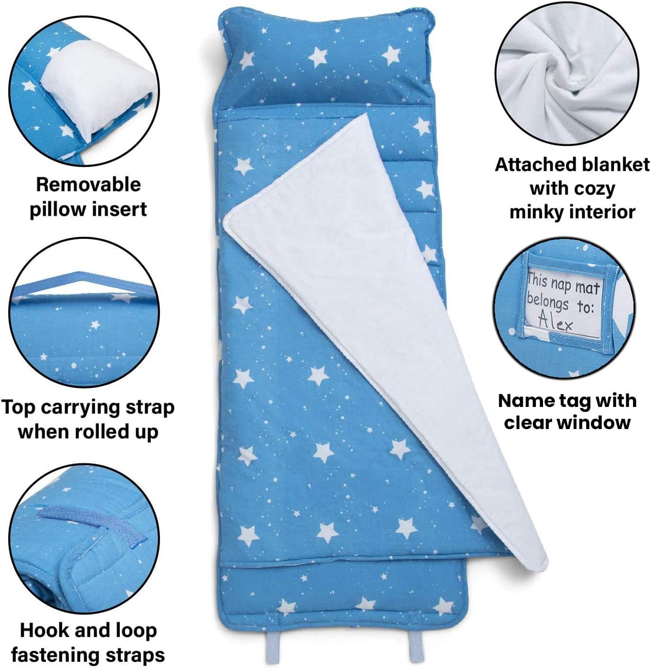 Delta Children Nap Mat with Included Pillow and Blanket for Toddlers and Kids, Blue Stars