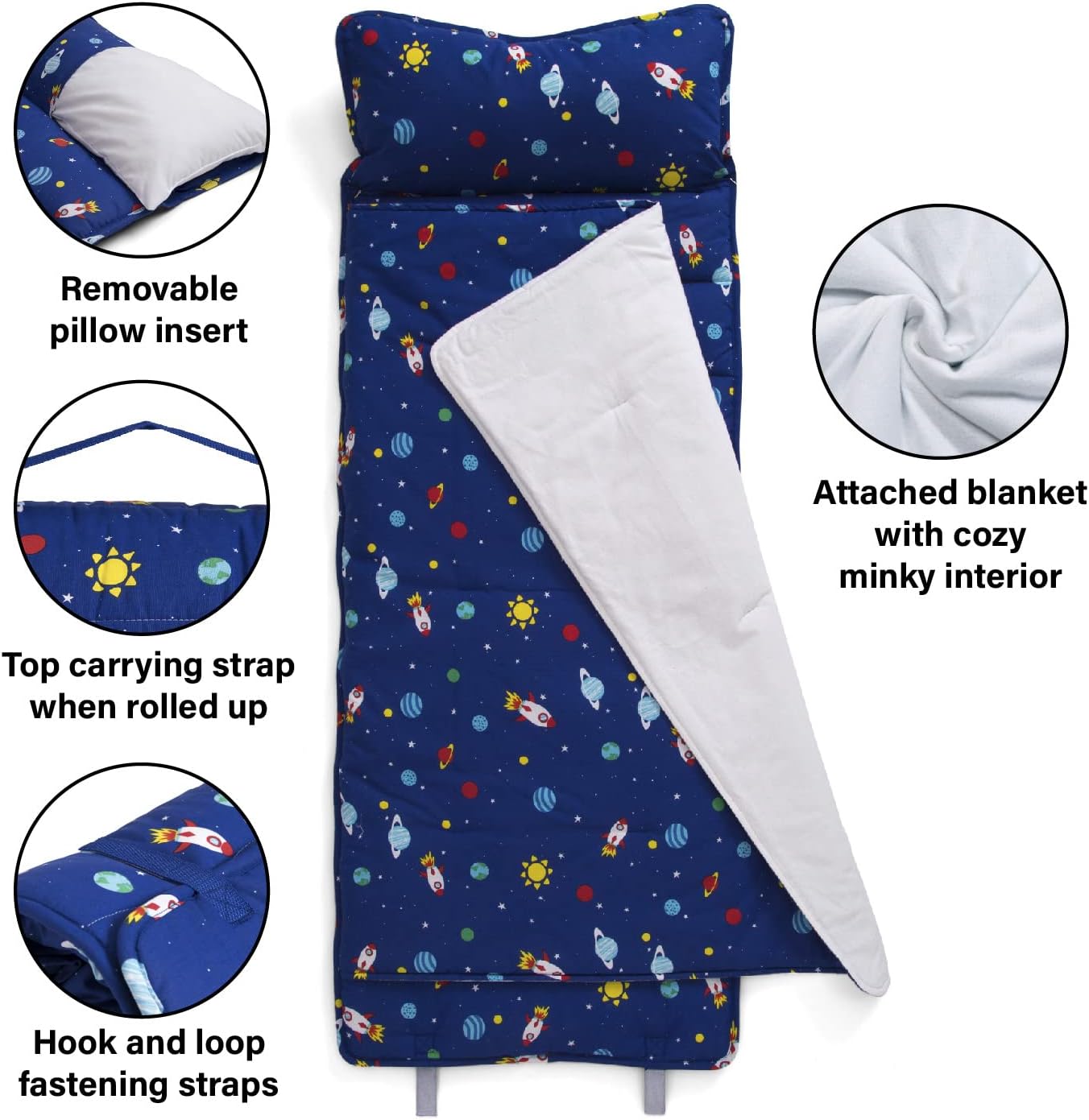 Delta Children Nap Mat with Included Pillow and Blanket for Toddlers and Kids, Outer Space