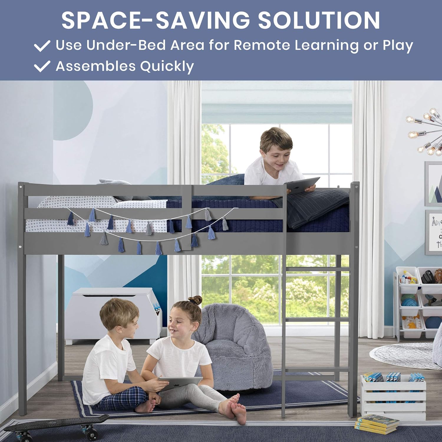 Delta Children Low Twin Loft Bed with Guardrail and Ladder, Cool Grey