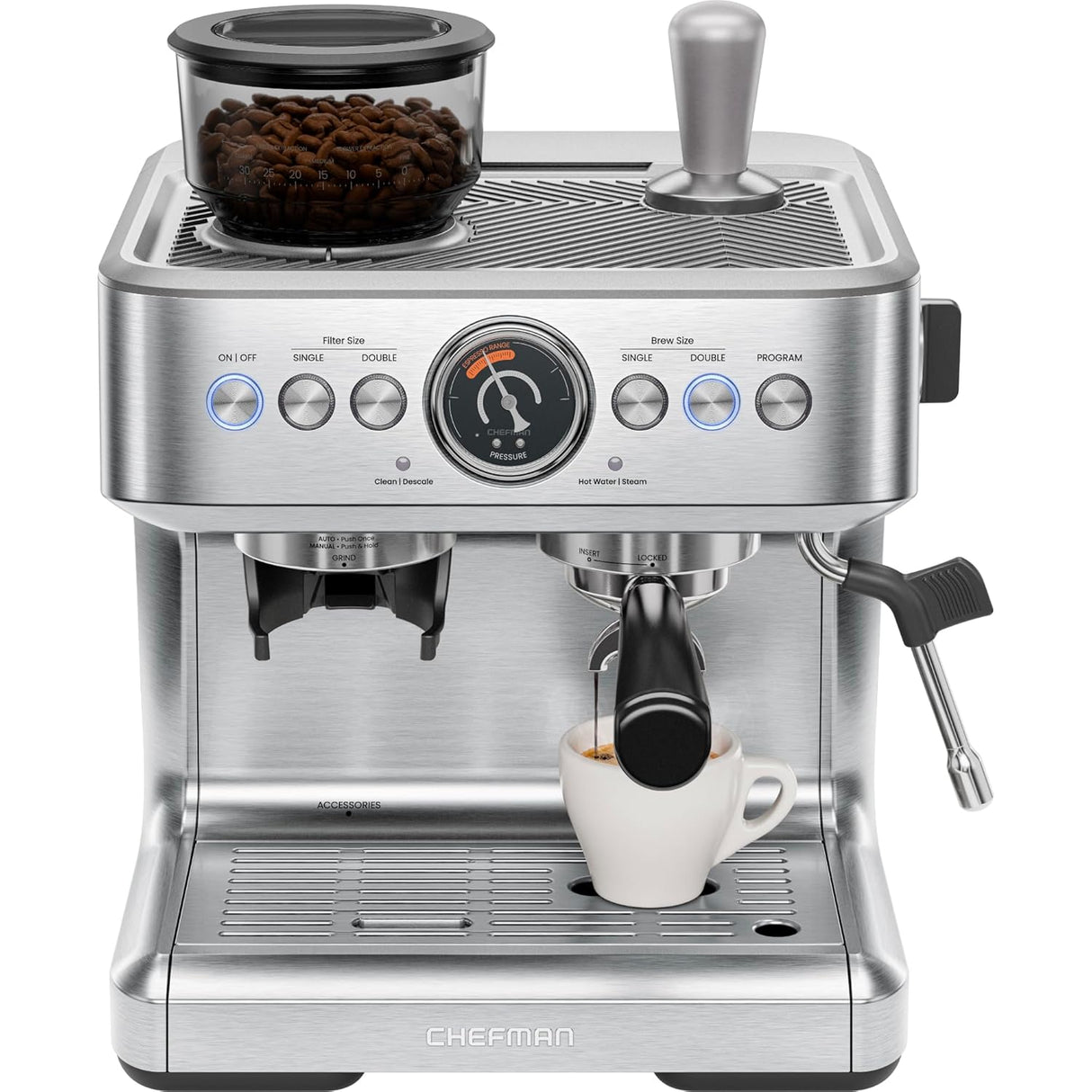 Chefman Crema Supreme Espresso Machine with Conical Burr Grinder and Steam Wand – Stainless Steel
