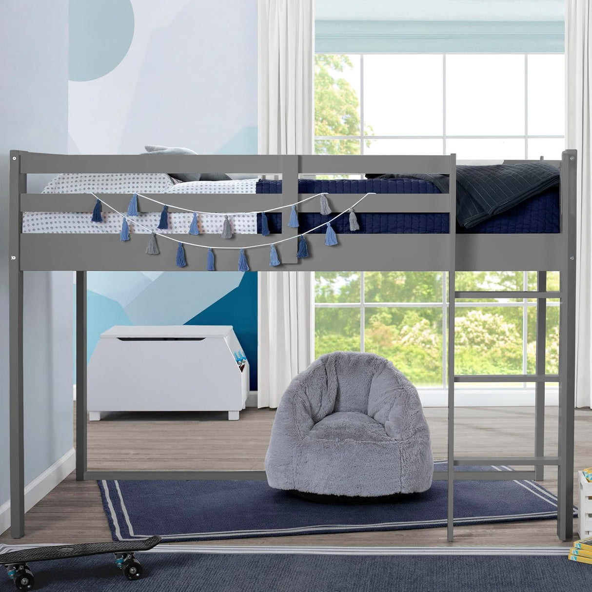 Delta Children Low Twin Loft Bed with Guardrail and Ladder, Cool Grey