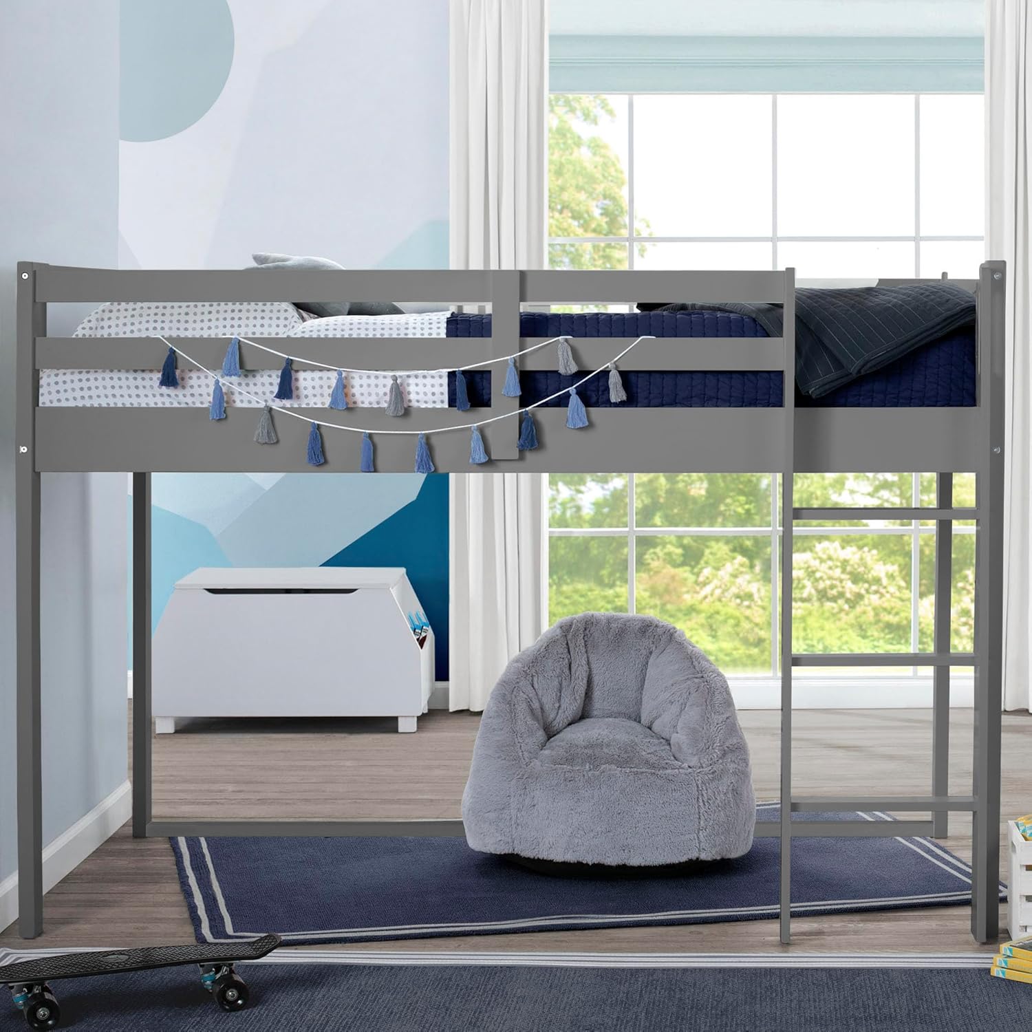 Delta Children Low Twin Loft Bed with Guardrail and Ladder, Cool Grey