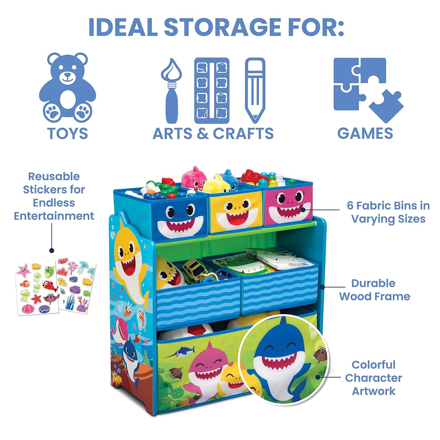 Delta Children Baby Shark Design & Store 6 Bin Toy Storage Organizer