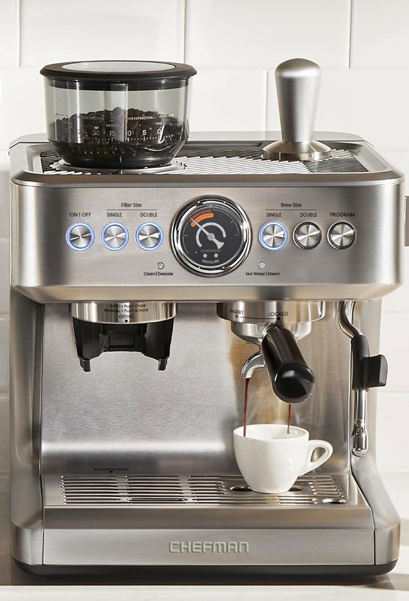 Chefman Crema Supreme Espresso Machine with Conical Burr Grinder and Steam Wand – Stainless Steel