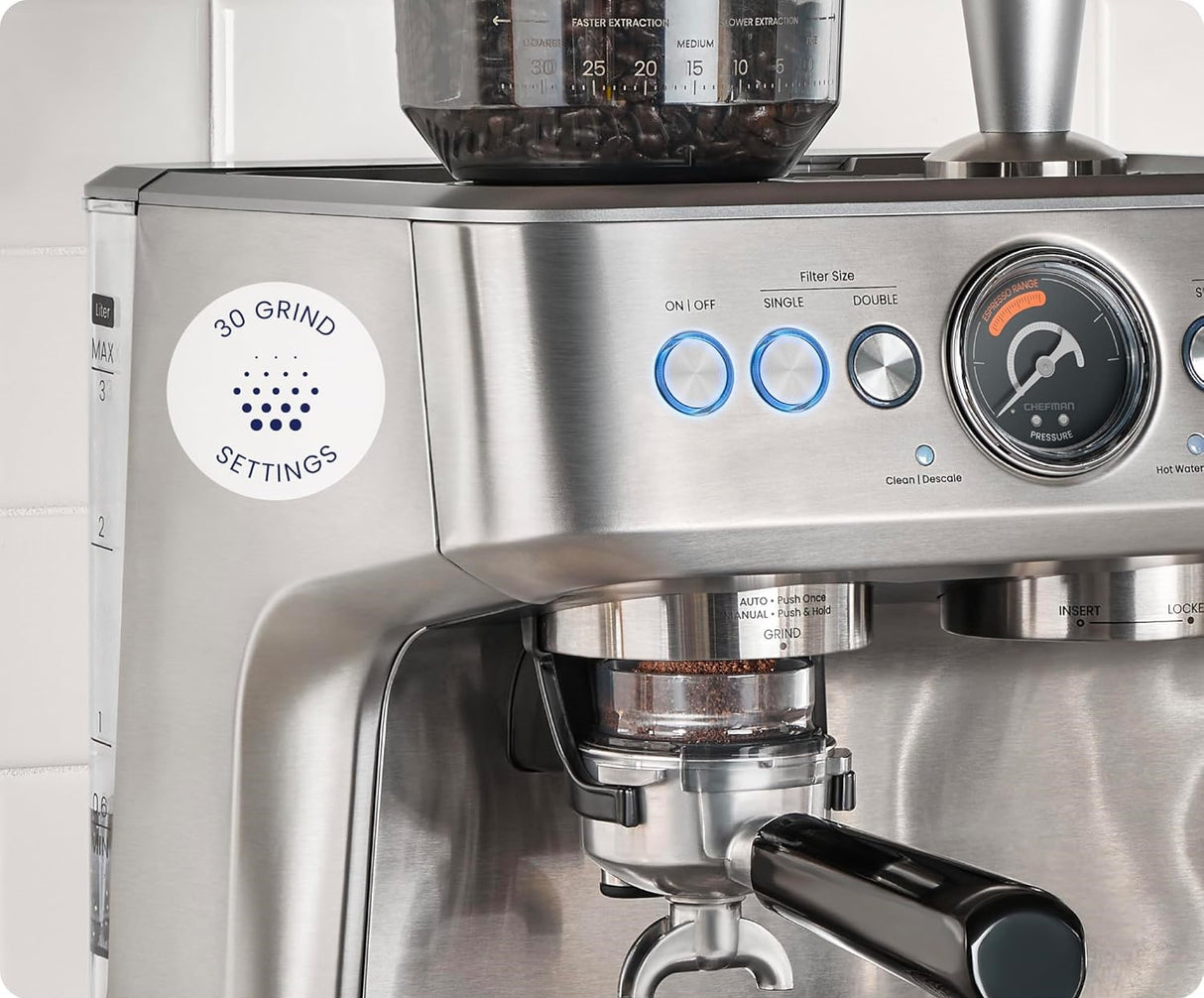 Chefman Crema Supreme Espresso Machine with Conical Burr Grinder and Steam Wand – Stainless Steel