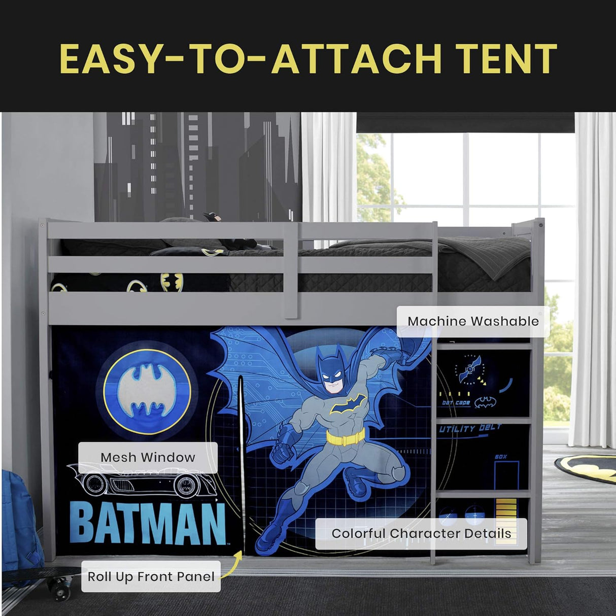 Delta Children Batman Loft Bed Tent - Curtain Set for Low Twin Loft Bed (Bed Sold Separately)