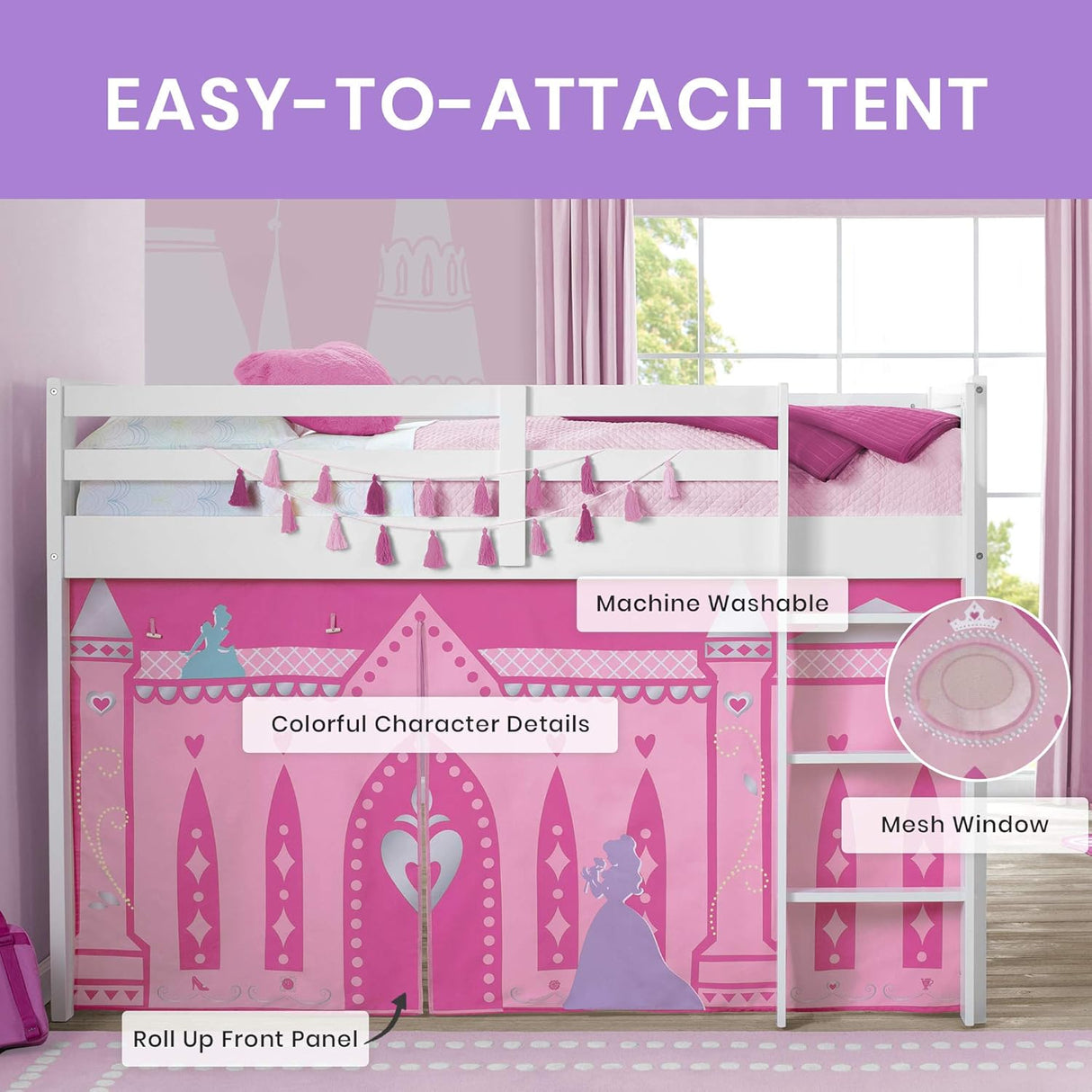 Disney Princess Loft Bed Tent - Curtain Set for Low Twin Loft Bed (Bed Sold Separately)
