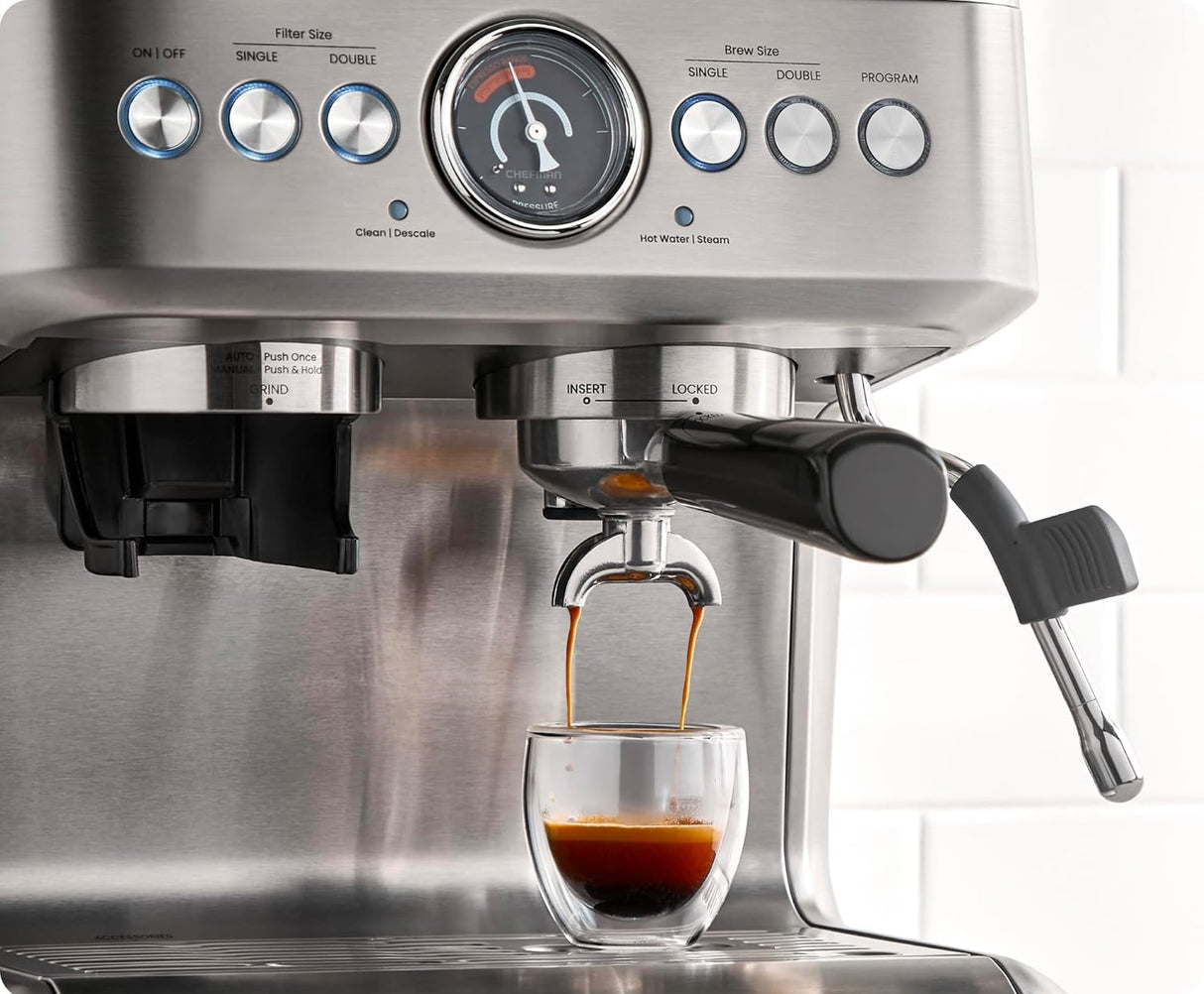 Chefman Crema Supreme Espresso Machine with Conical Burr Grinder and Steam Wand – Stainless Steel