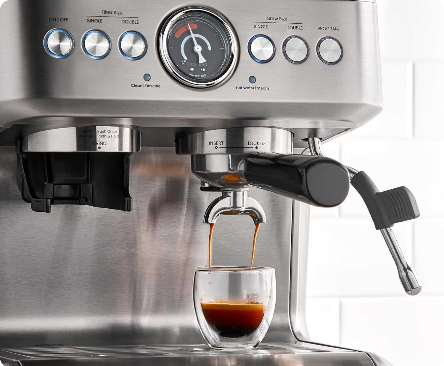 Chefman Crema Supreme Espresso Machine with Conical Burr Grinder and Steam Wand – Stainless Steel