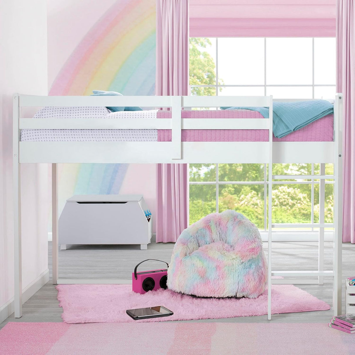 Delta Children Low Twin Loft Bed with Guardrail and Ladder, White