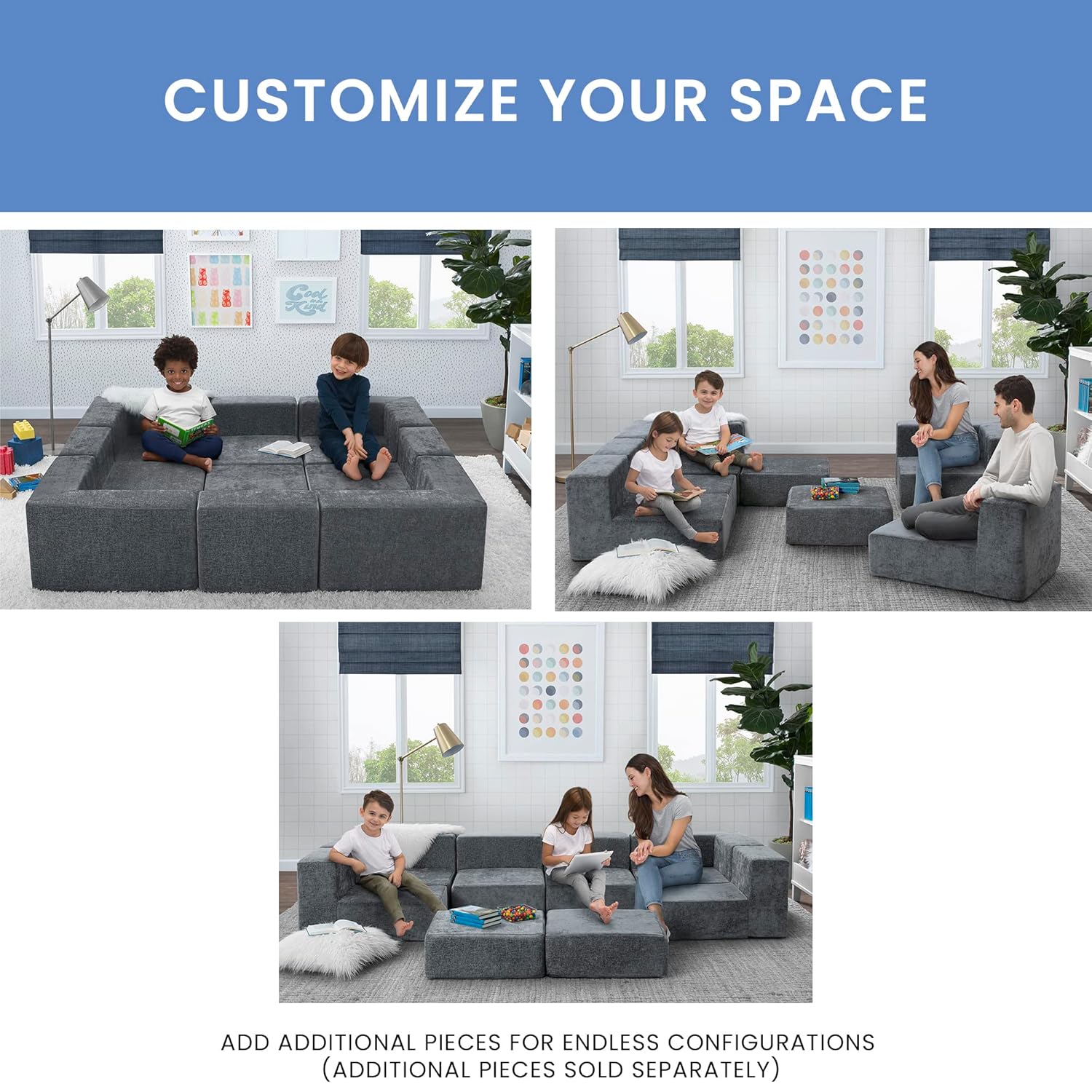 Delta Children Cozee 4-Piece Sectional Sofa Set, Grey