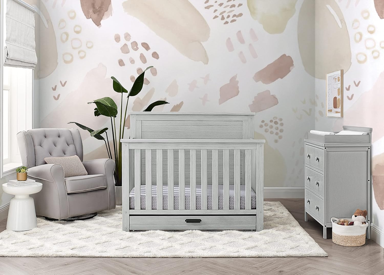 Delta Children Simmons Kids Caden 6-in-1 Convertible Crib with Trundle Drawer,  Rustic Grey