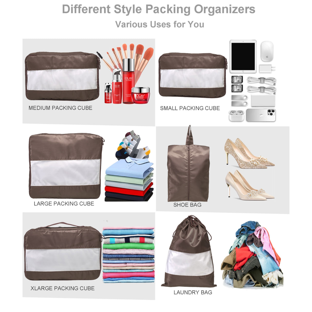 French Connection 6pc Packing Cube Set - Travel Storage Set for Luggage in Brown