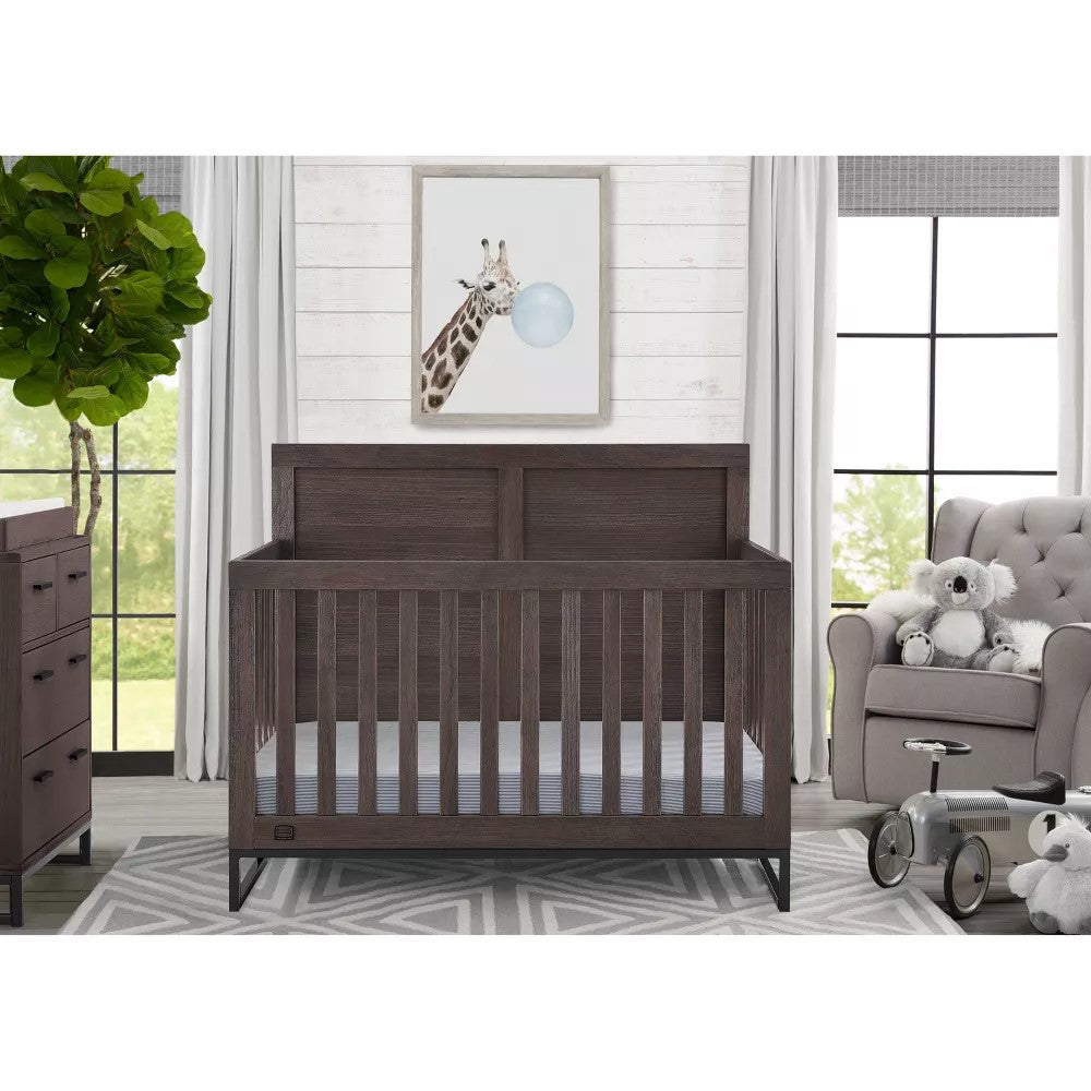 Delta Children Simmons Kids Foundry 6-in-1 Convertible Crib, Rustic Grey/Matte Black