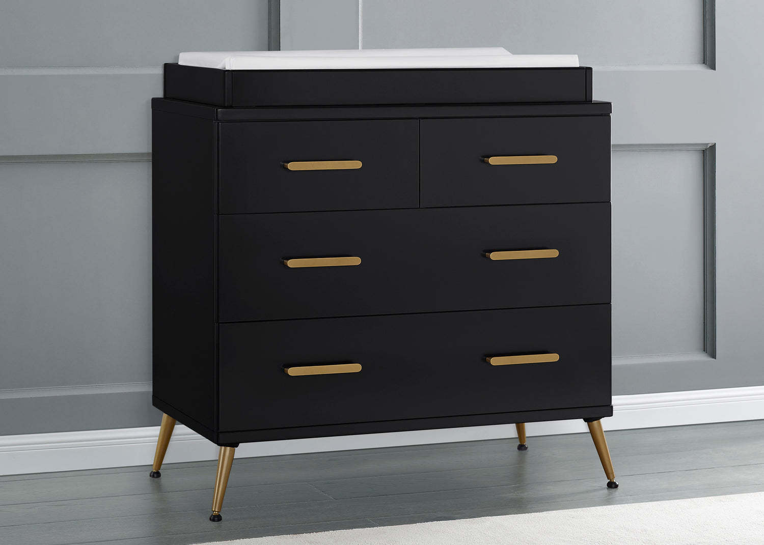 Delta Children Sloane 4 Drawer Dresser with Changing Top and Interlocking Drawers, Ebony/Bronze