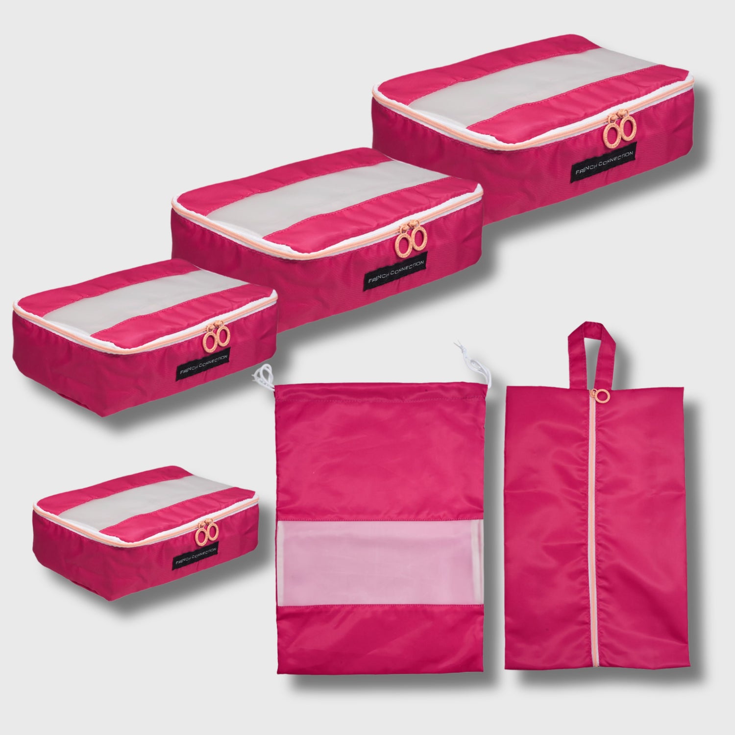 French Connection 6pc Packing Cube Set - Travel Storage Set for Luggage in Hot Pink