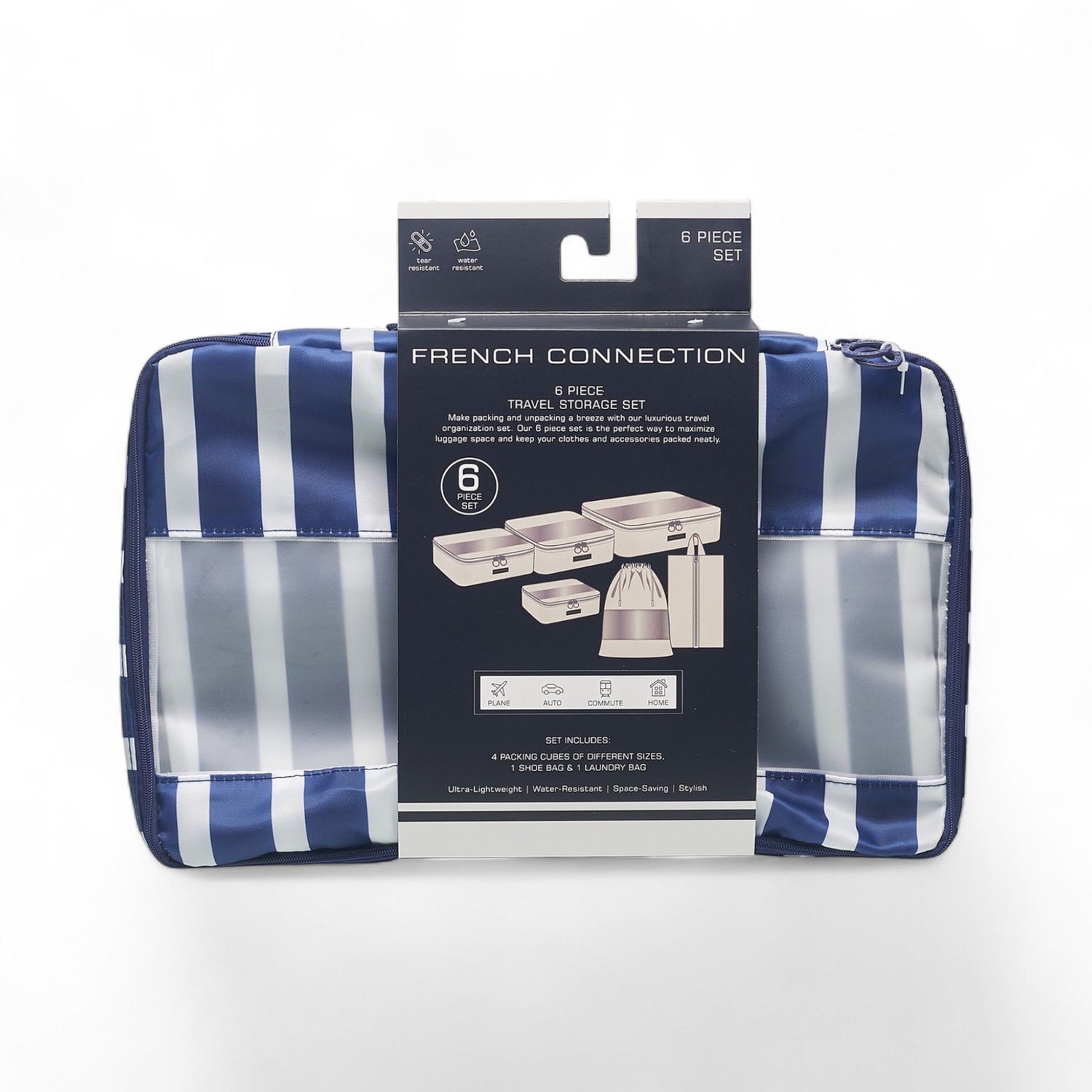 French Connection 6pc Packing Cube Set - Travel Storage Organizer Set for Luggage (Striped) in Navy