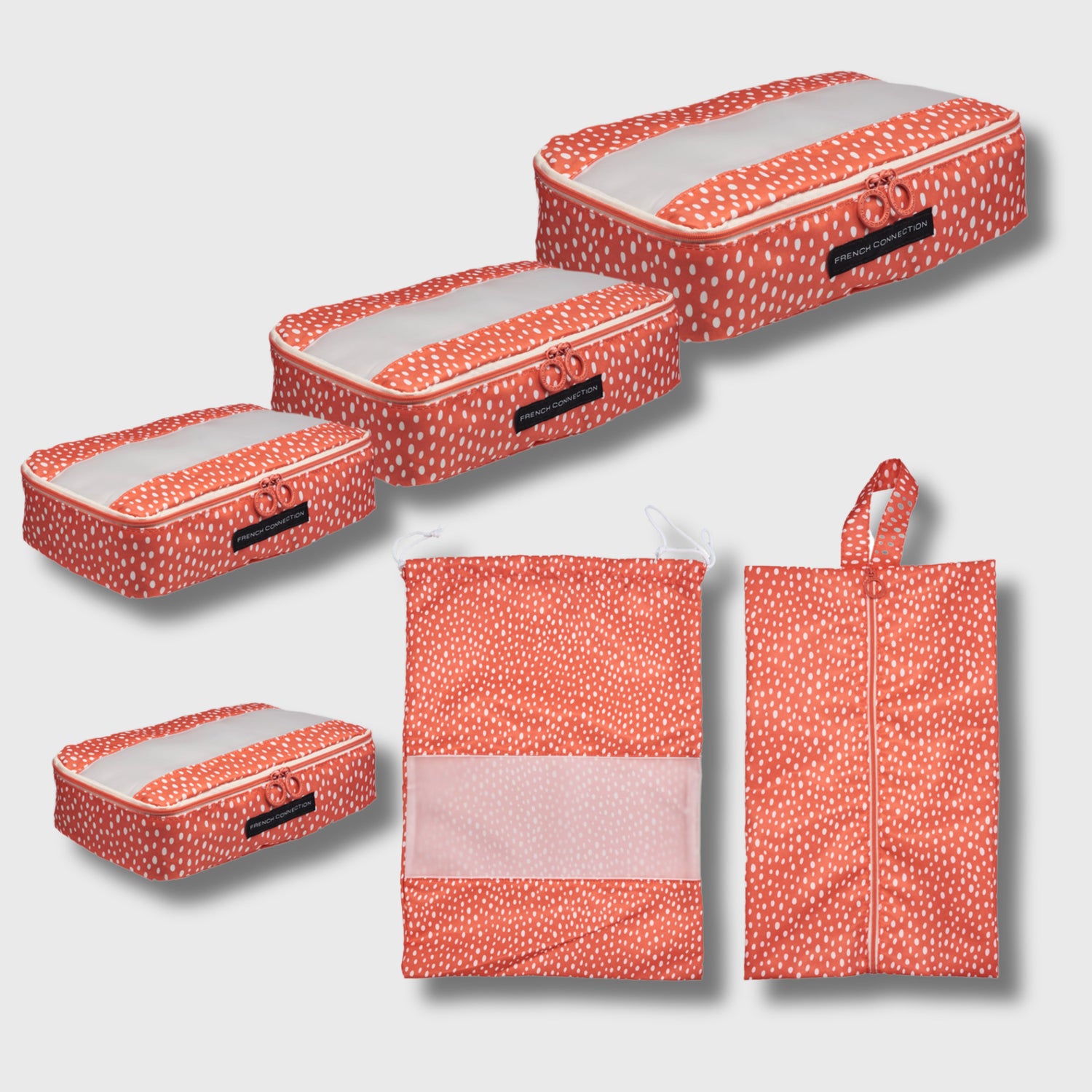 French Connection 6pc Packing Cube Set - Travel Storage Set (Polka Dot) in Orange