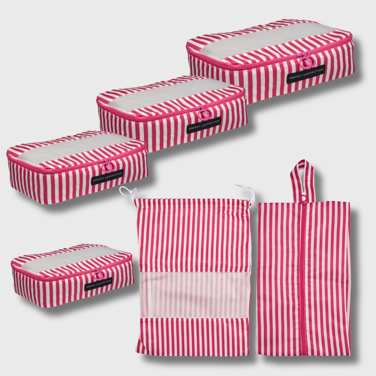 French Connection 6pc Packing Cube Set - Travel Storage Set for Luggage in Pink (Striped)