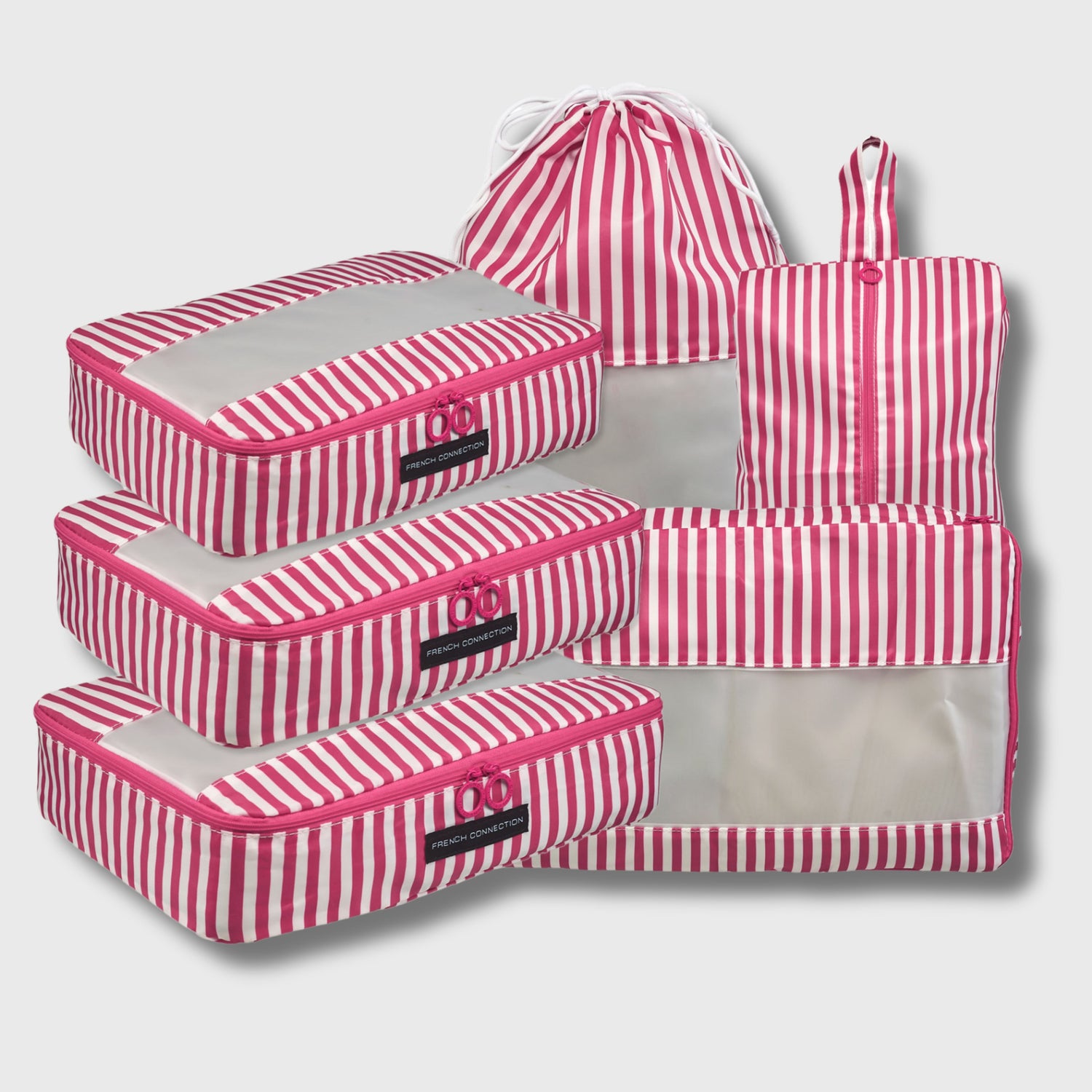 French Connection 6pc Packing Cube Set - Travel Storage Set for Luggage in Pink (Striped)