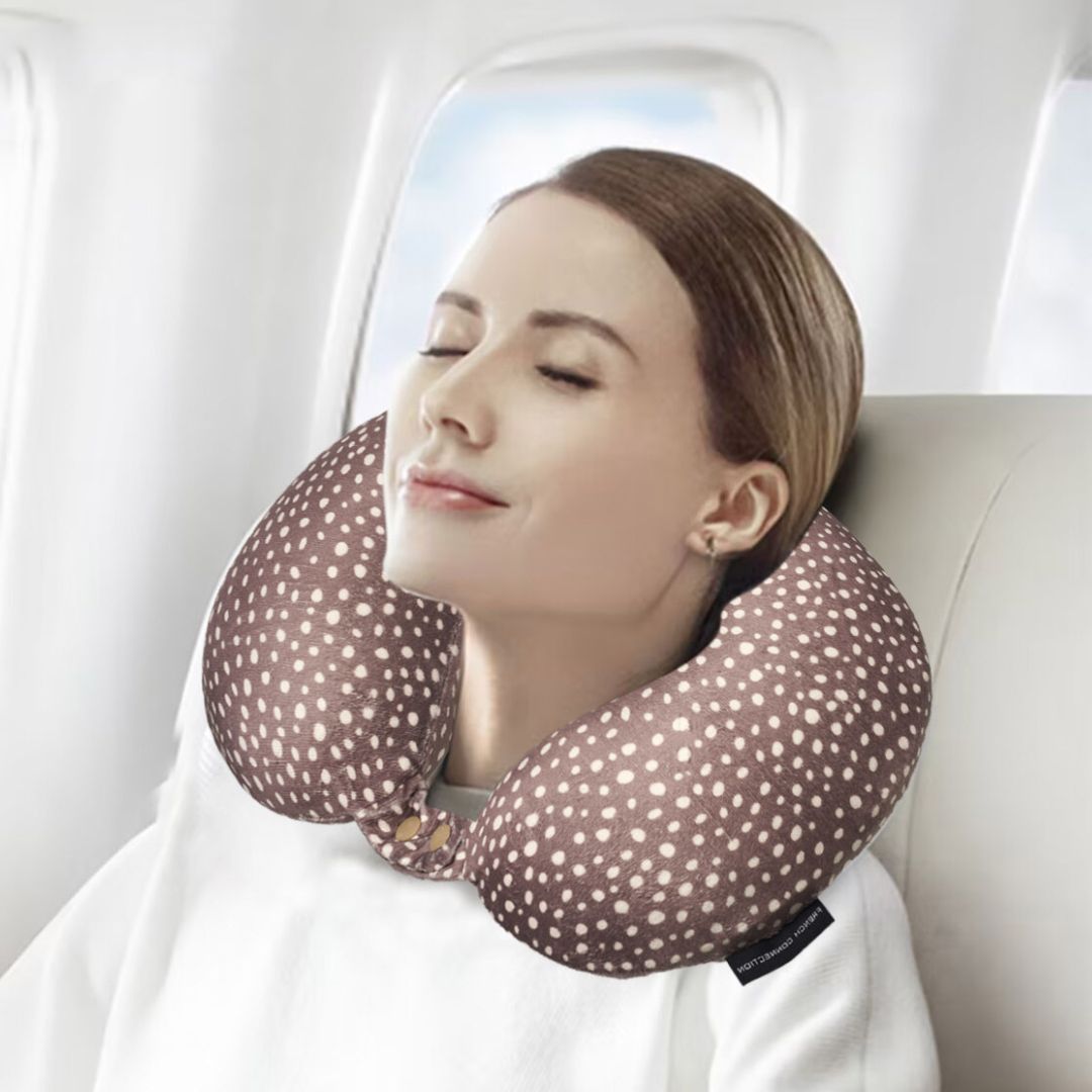 French Connection Memory Foam Travel Neck Pillow with Washable Cover - (Polka Dot) in Mocha