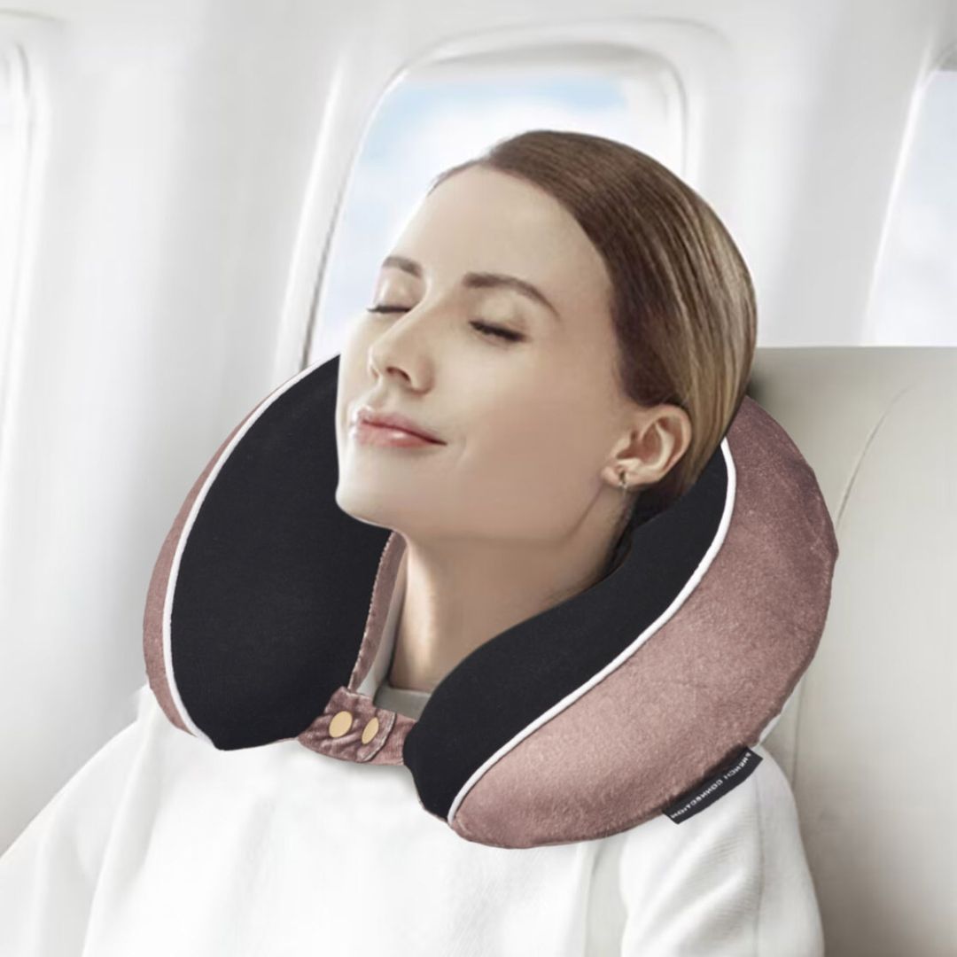 French Connection Memory Foam Travel Pillow with Washable Cover - Luxury Neck Pillow in Brown