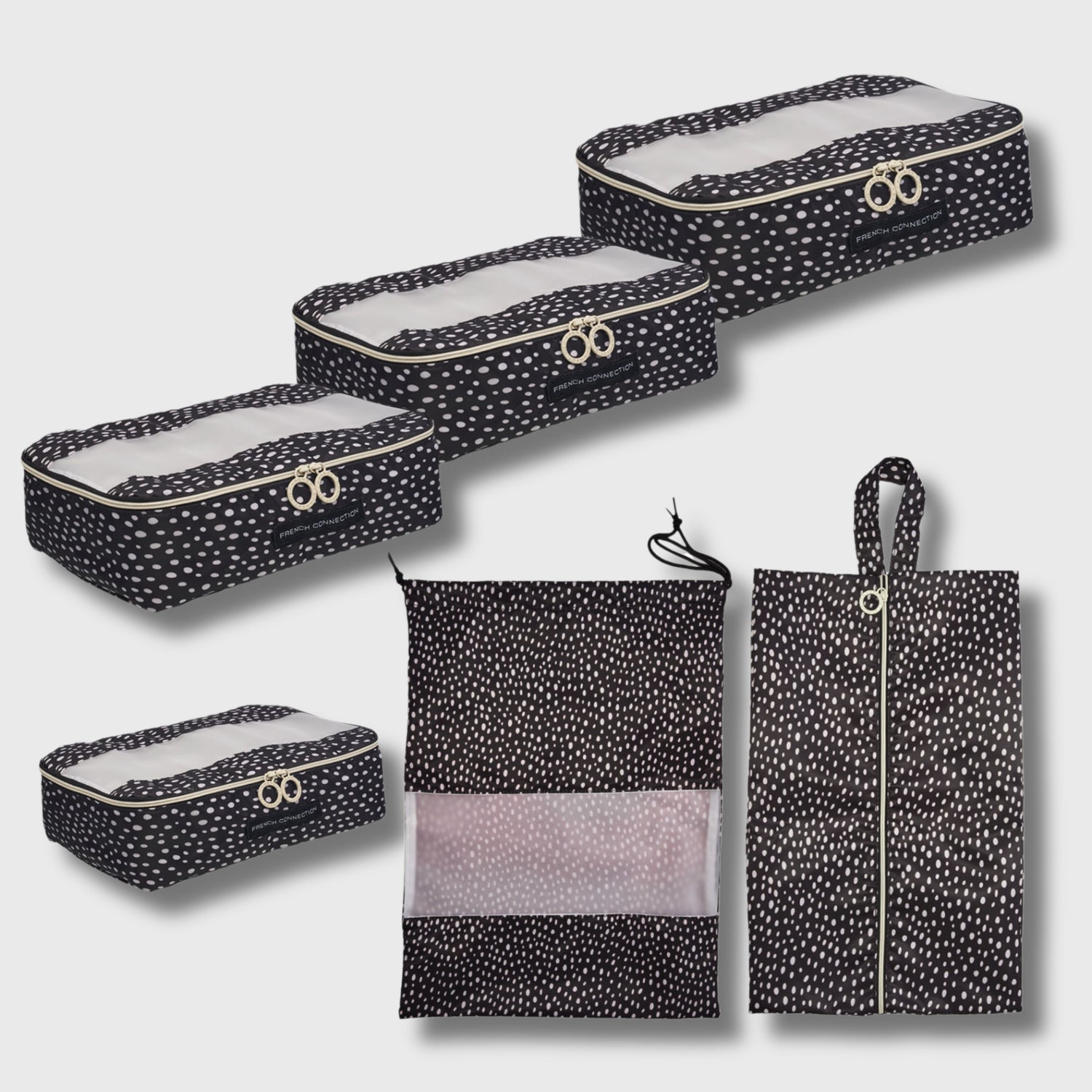 French Connection 6pc Packing Cube Set - Travel Storage Set (Polka Dot) in Black