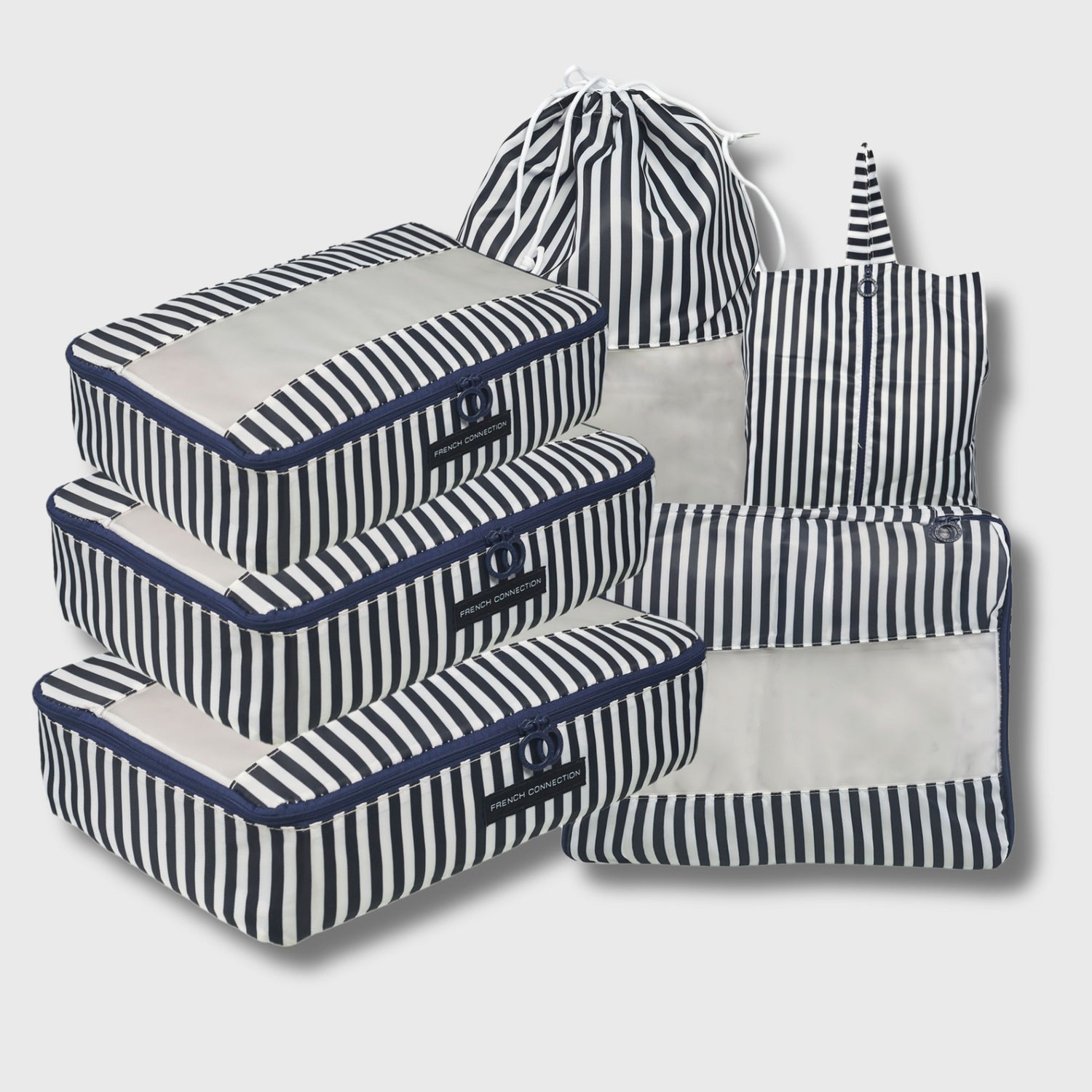 French Connection 6pc Packing Cube Set - Striped Travel Storage Set in Marine Blue (Striped)