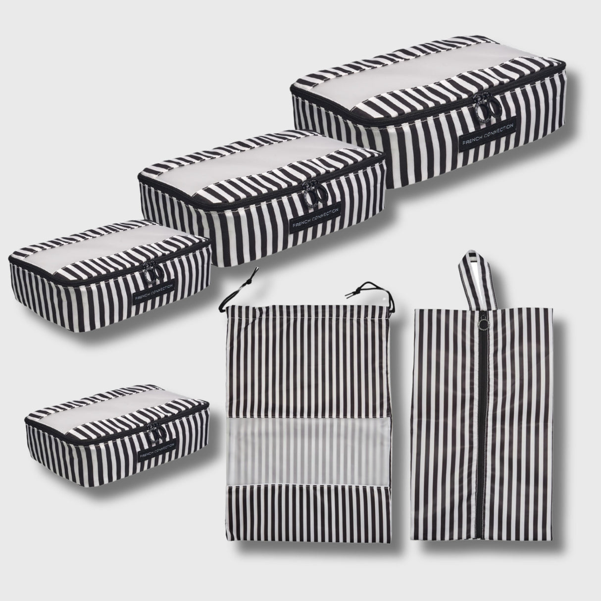 French Connection 6pc Packing Cube Set - Travel Storage Set for Luggage (Striped) in Black
