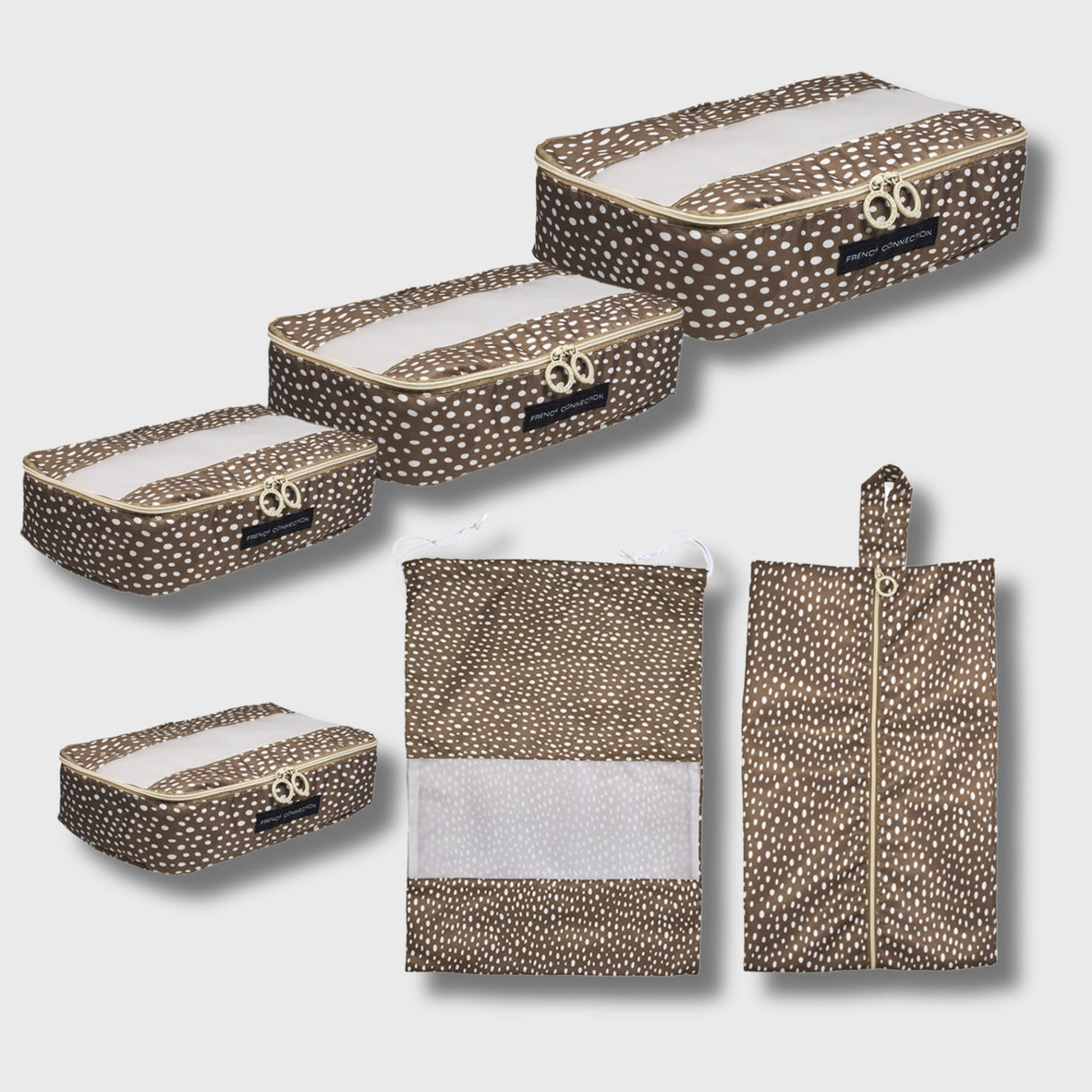 French Connection 6pc Packing Cube Set - Travel Storage Set (Polka Dot) in Mocha