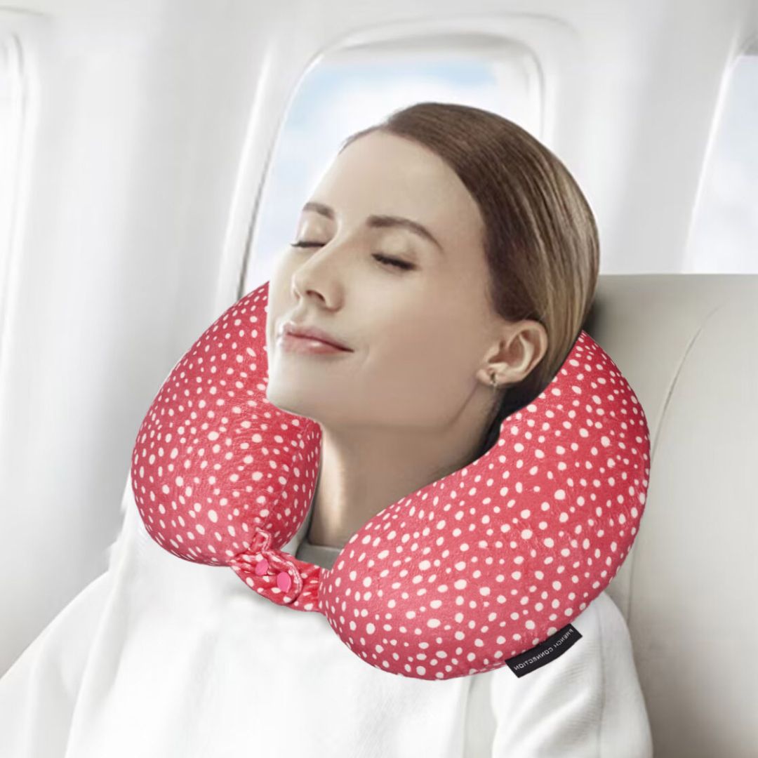 French Connection Memory Foam Travel Neck Pillow with Washable Cover - (Polka Dot) in Pink