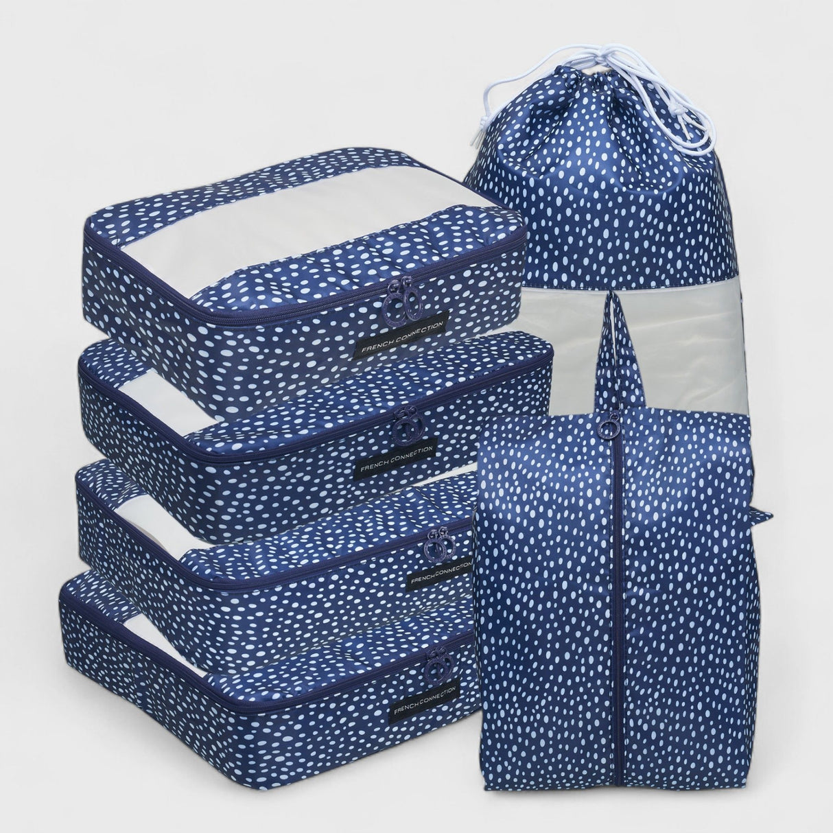 French Connection 6pc Packing Cube Set - Travel Storage Set (Polka Dot) in Navy