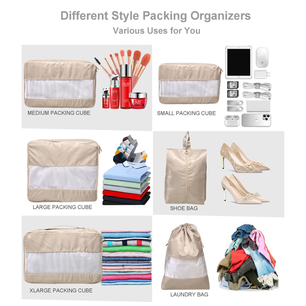 French Connection 6pc Packing Cube Set - Travel Storage Set for Luggage in Taupe