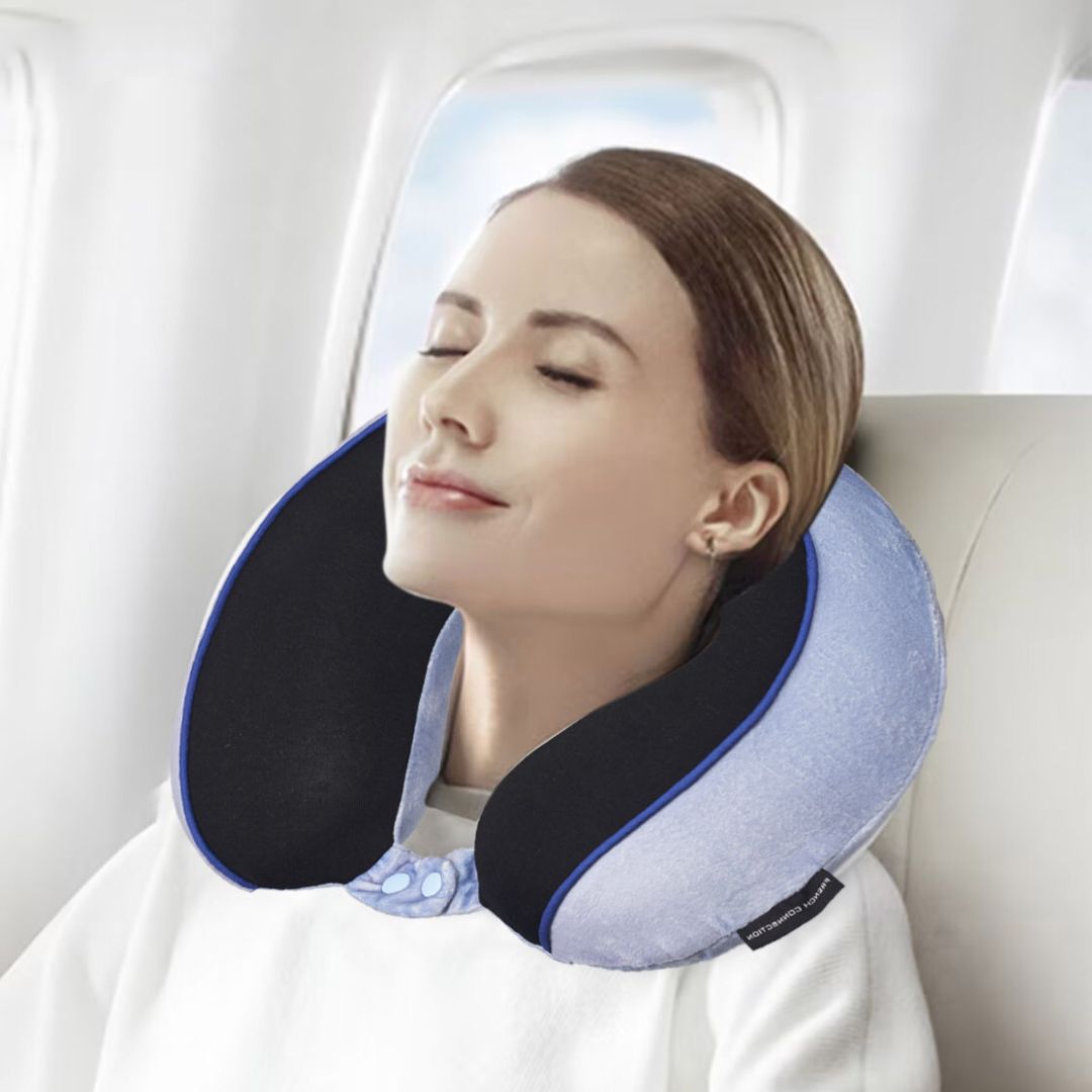 French Connection Memory Foam Travel Pillow with Washable Cover - Luxury Neck Pillow in Blue