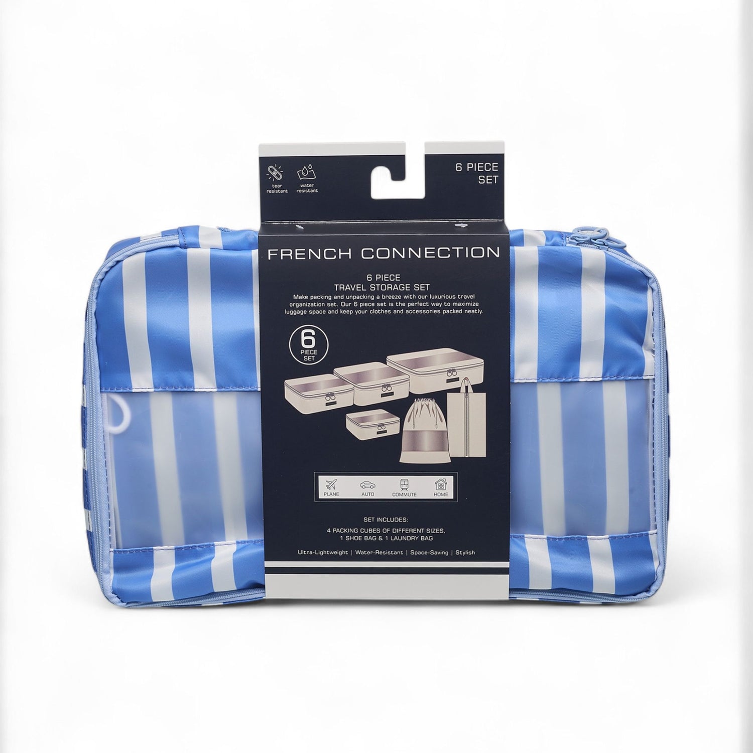 French Connection 6pc Packing Cube Set - Travel Storage Organizer Set for Luggage (Striped) in Blue