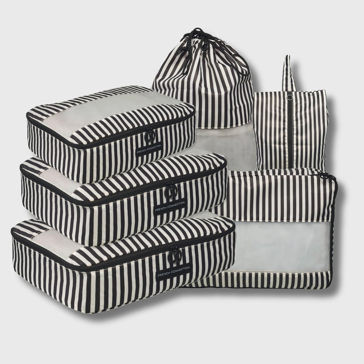 French Connection 6pc Packing Cube Set - Travel Storage Set for Luggage (Striped) in Black