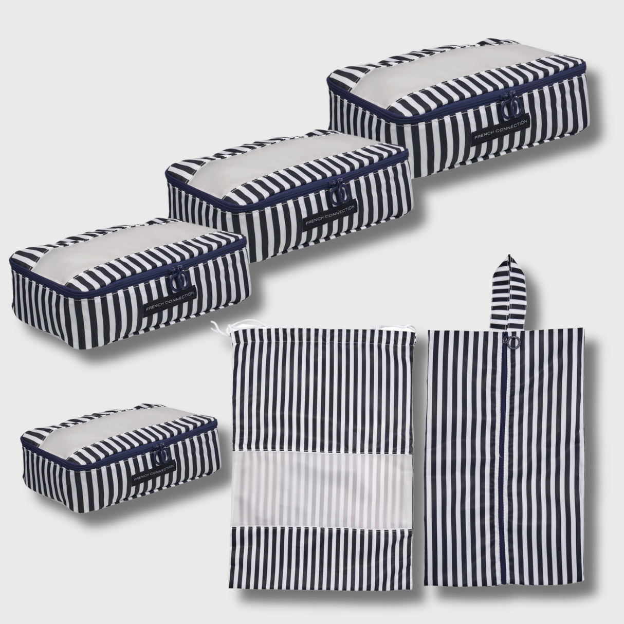 French Connection 6pc Packing Cube Set - Striped Travel Storage Set in Marine Blue (Striped)