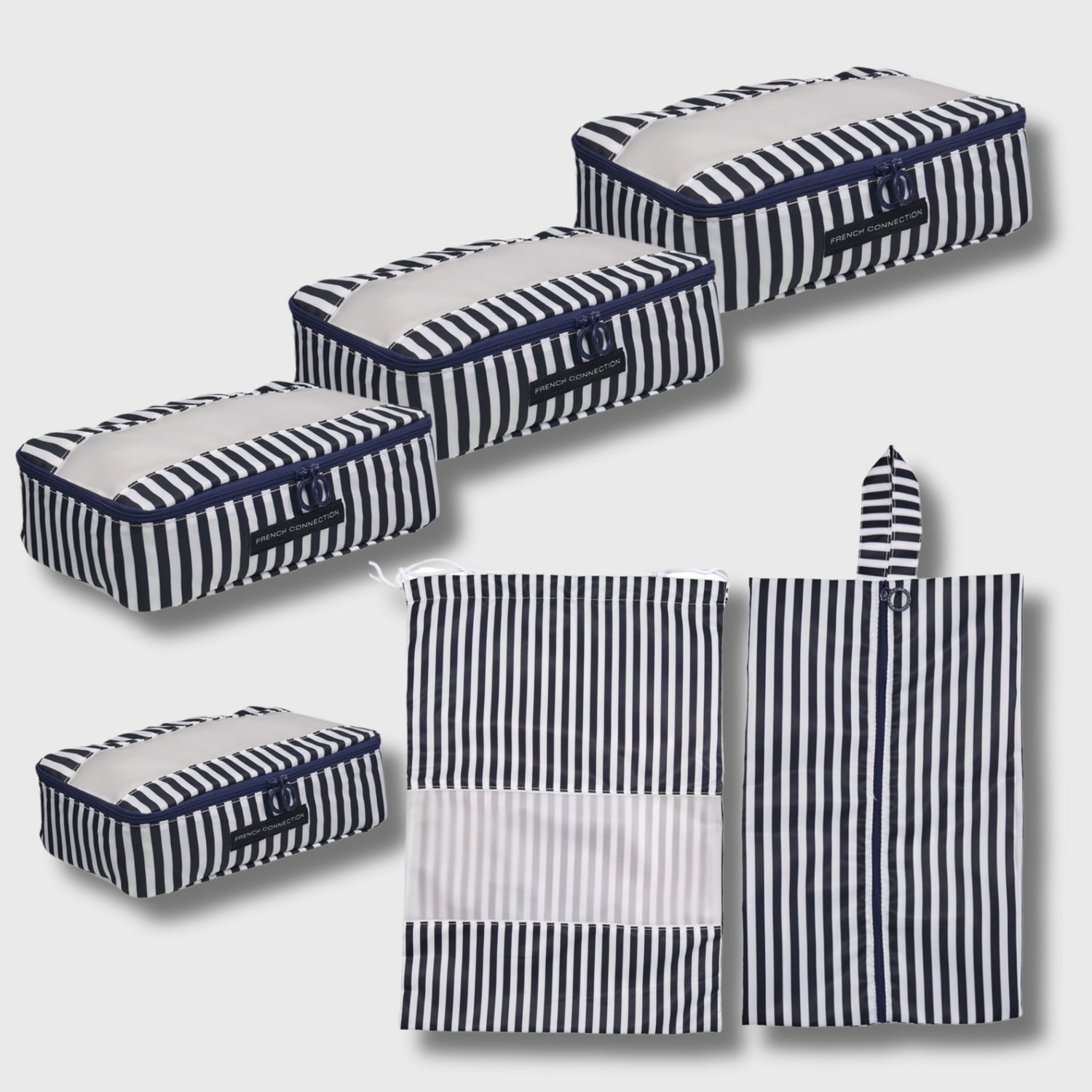 French Connection 6pc Packing Cube Set - Striped Travel Storage Set in Marine Blue (Striped)