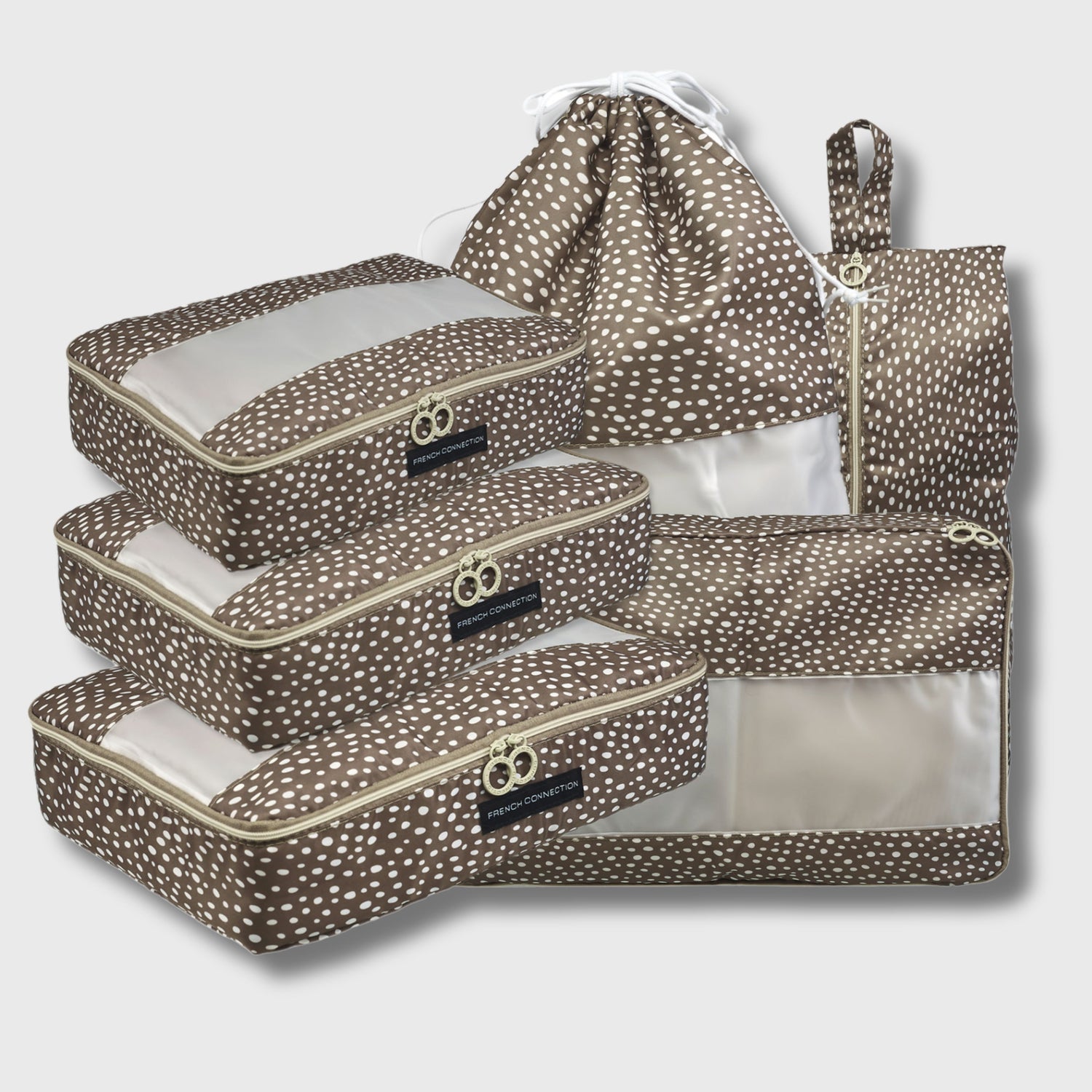 French Connection 6pc Packing Cube Set - Travel Storage Set (Polka Dot) in Mocha