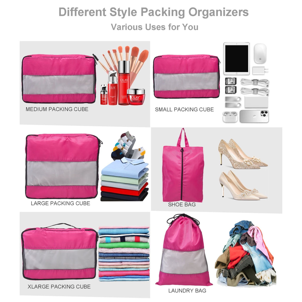 French Connection 6pc Packing Cube Set - Travel Storage Set for Luggage in Pink