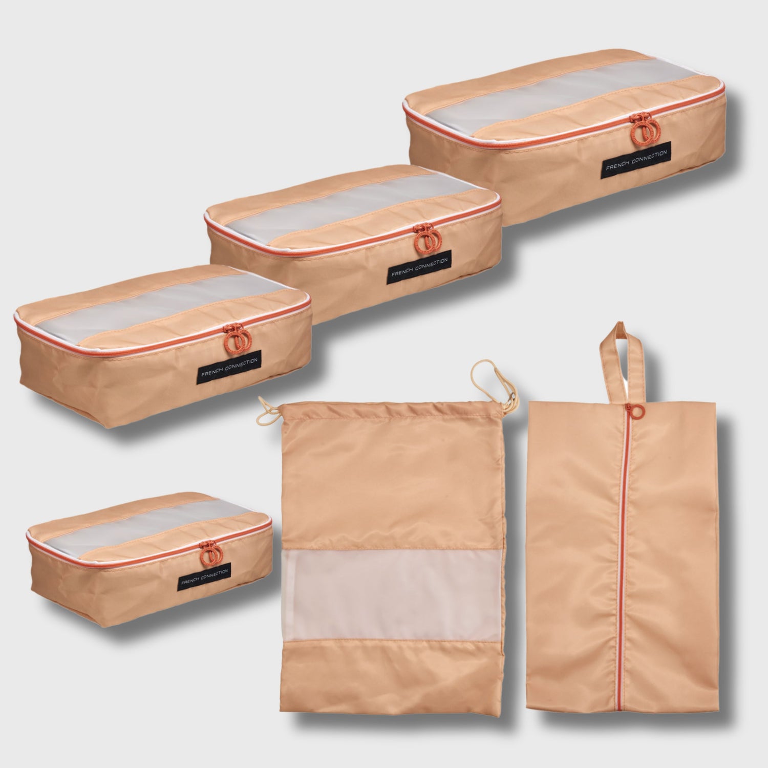 French Connection 6pc Packing Cube Set - Travel Storage Set for Luggage in Apricot Beige