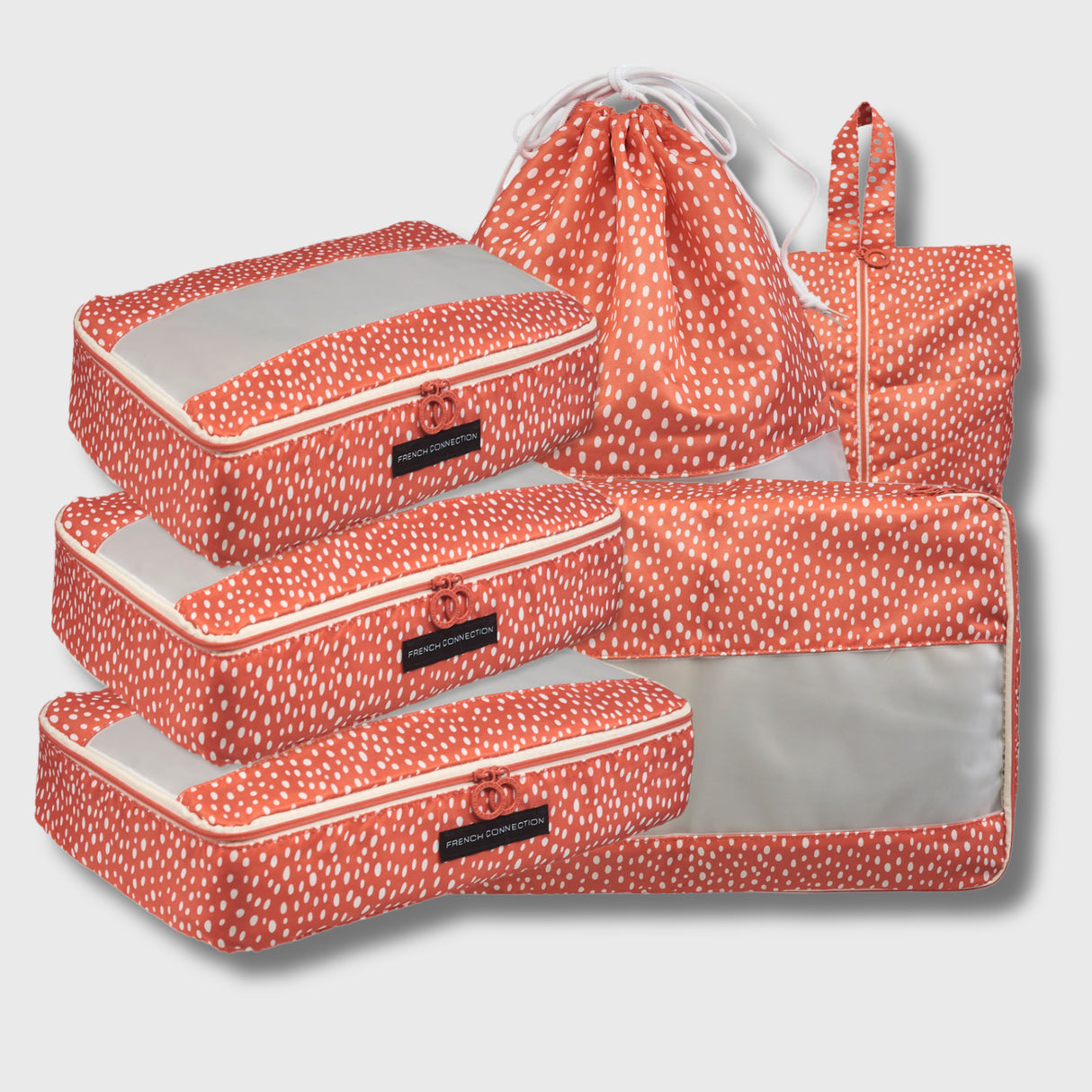 French Connection 6pc Packing Cube Set - Travel Storage Set (Polka Dot) in Orange