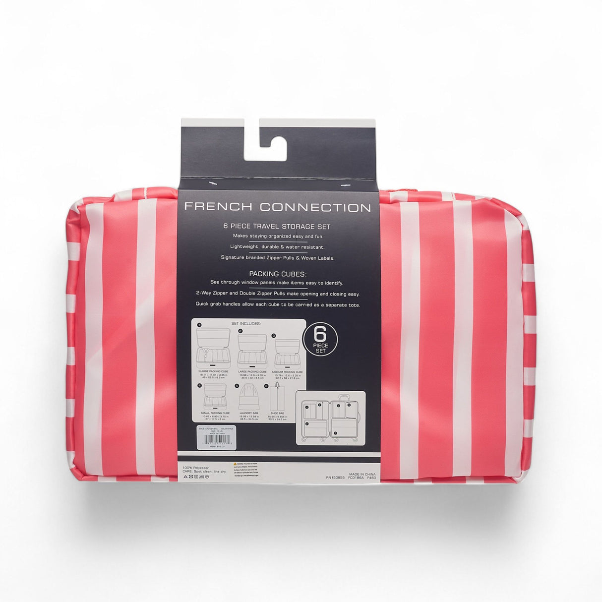 French Connection 6pc Packing Cube Set - Travel Storage Organizer Set for Luggage (Striped) in Pink