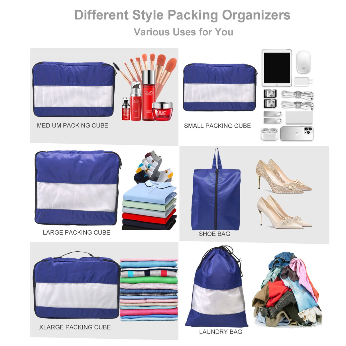 French Connection 6pc Packing Cube Set - Travel Storage Set for Luggage in Blue