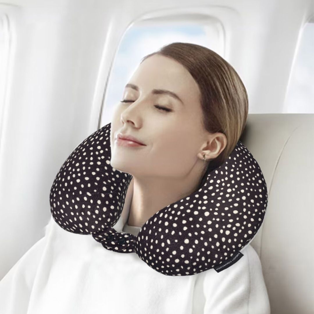 French Connection Memory Foam Travel Neck Pillow with Washable Cover - (Polka Dot) in Black